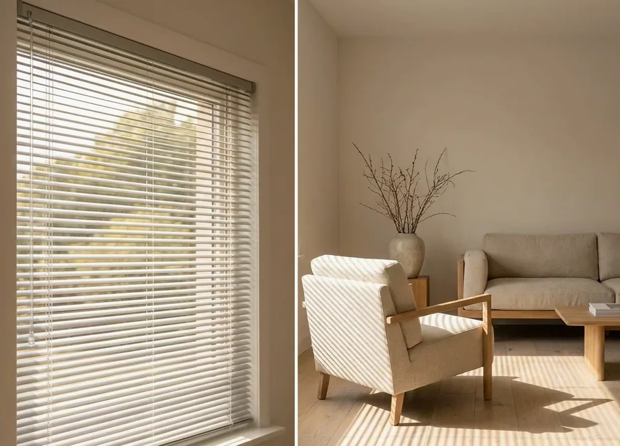 Aluminium venetian blinds tilted against late-afternoon sun in a Dunkeld scullery window
