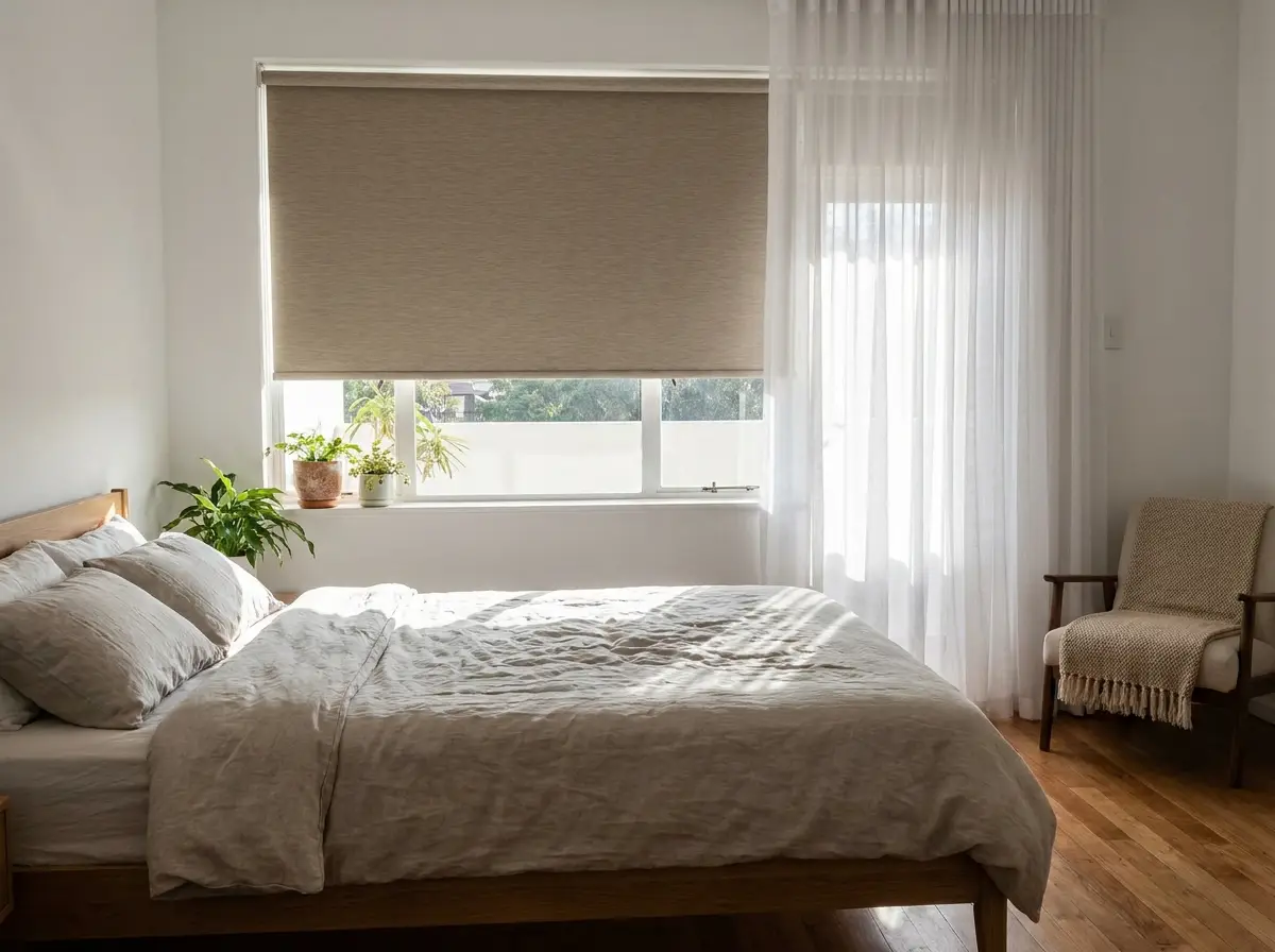 Bright Illovo apartment bedroom with a blockout roller blind in soft almond tone and a sheer curtain layered beside it