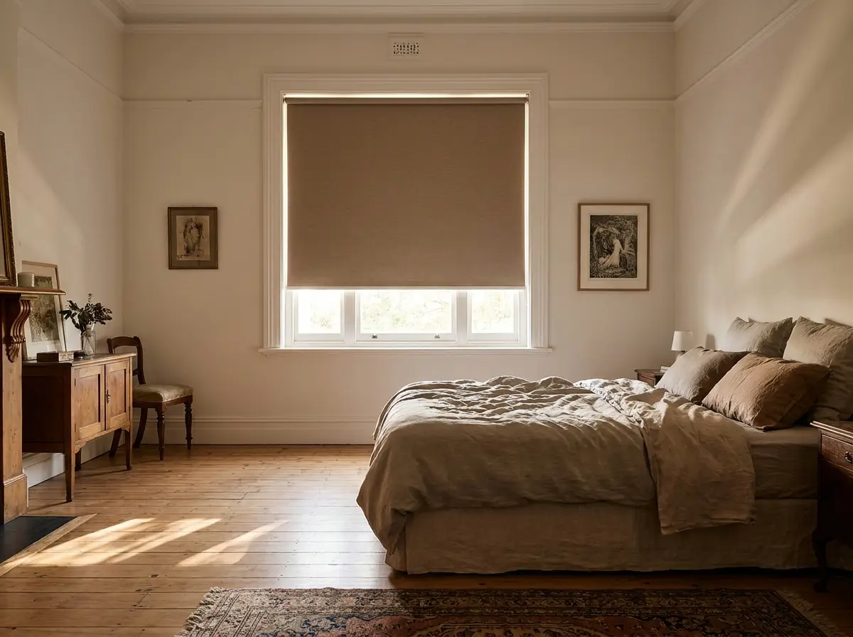 Dunkeld main bedroom with a blockout roller blind lowered in warm taupe, soft morning light across the linens