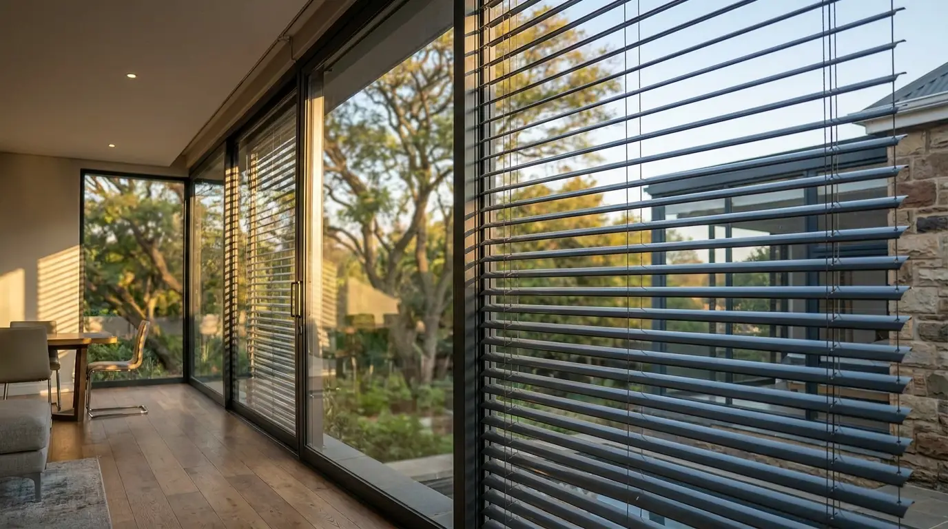 External aluminium venetian blinds fitted outside a wide sliding glass wall on a Dunkeld renovation, slats tilted against low west-facing afternoon sun