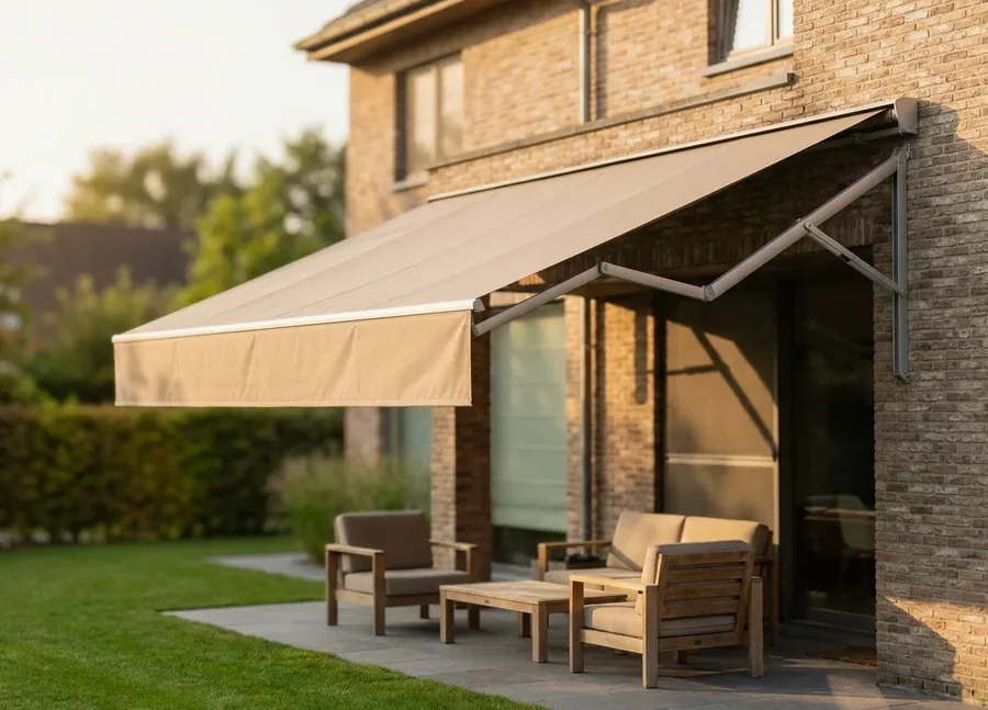 Folding-arm awning shading a stone terrace at a renovated Dunkeld home