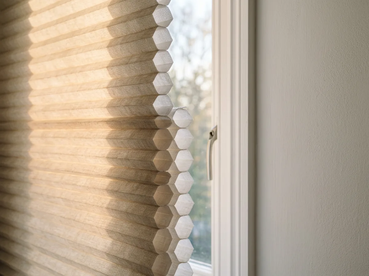 Close detail of a cellular honeycomb blind showing rows of hexagonal air cells in cross section with soft morning light glowing through the fabric