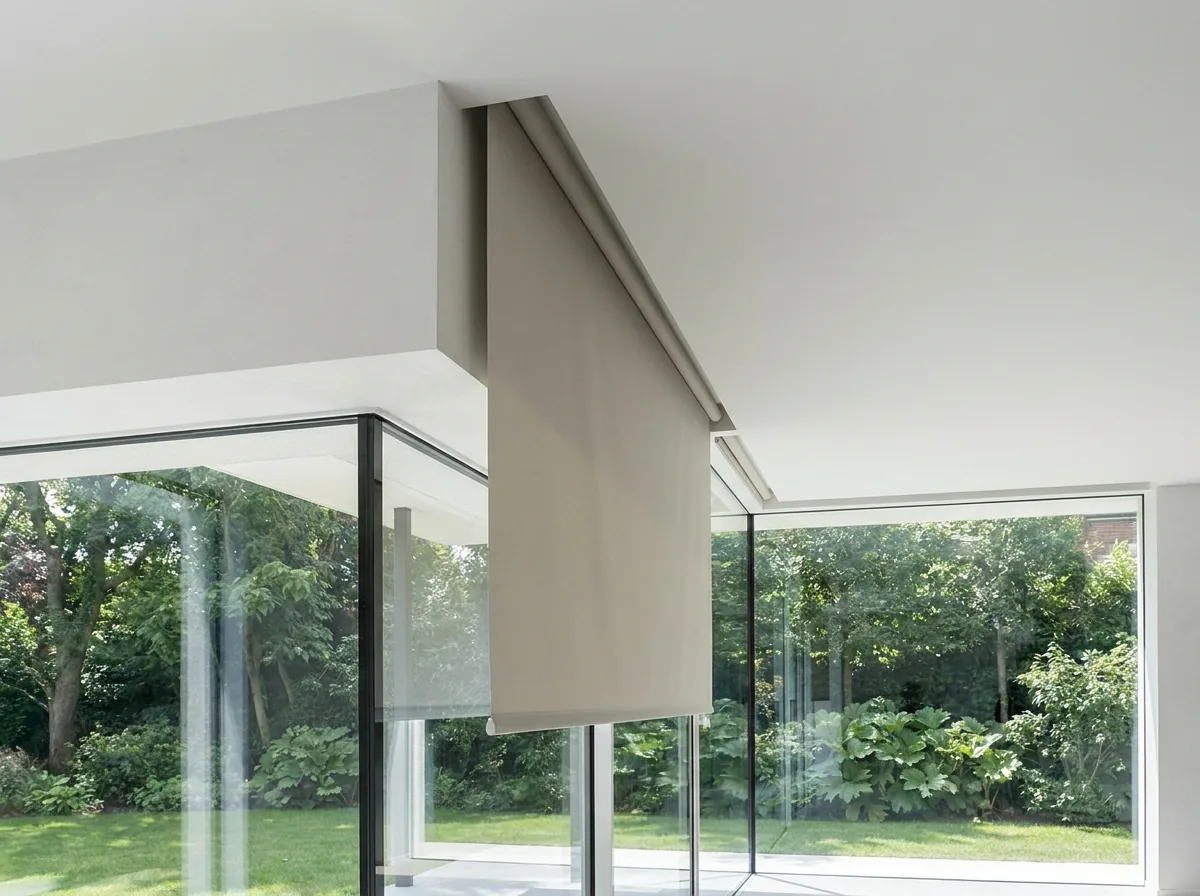 Single smooth flat roller blind dropping from a concealed slot in the ceiling bulkhead of a frameless glass-walled addition, garden visible through the glazing