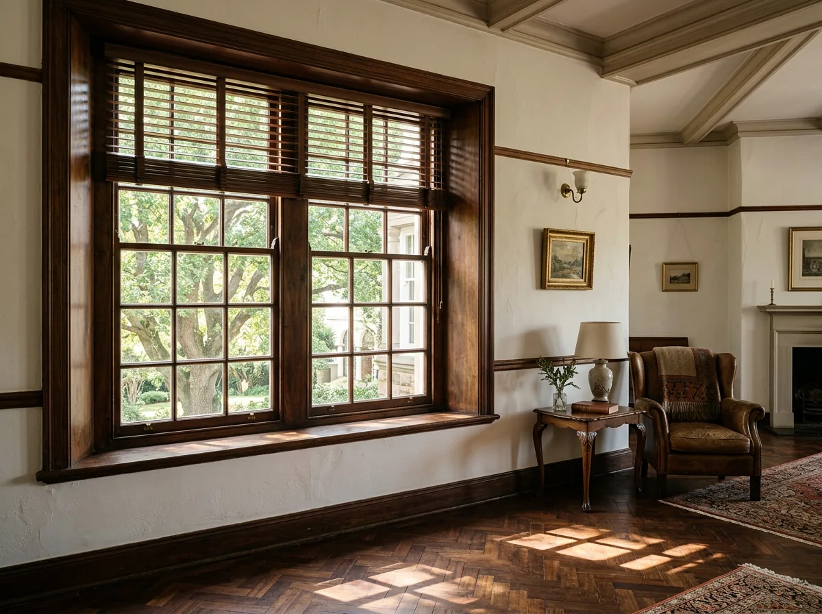 Timber venetian blind with horizontal wooden slats tilted half open inside the deep reveal of a period multi-pane timber window, dappled tree light falling across a parquet floor
