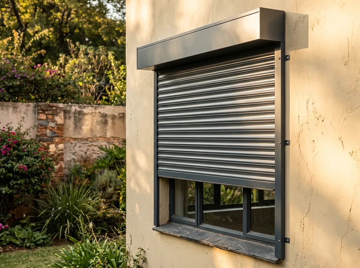 External aluminium roller shutter half lowered over a west-facing window, rigid horizontal slats rolling down from a slim headbox on the outside wall in low late-afternoon sun