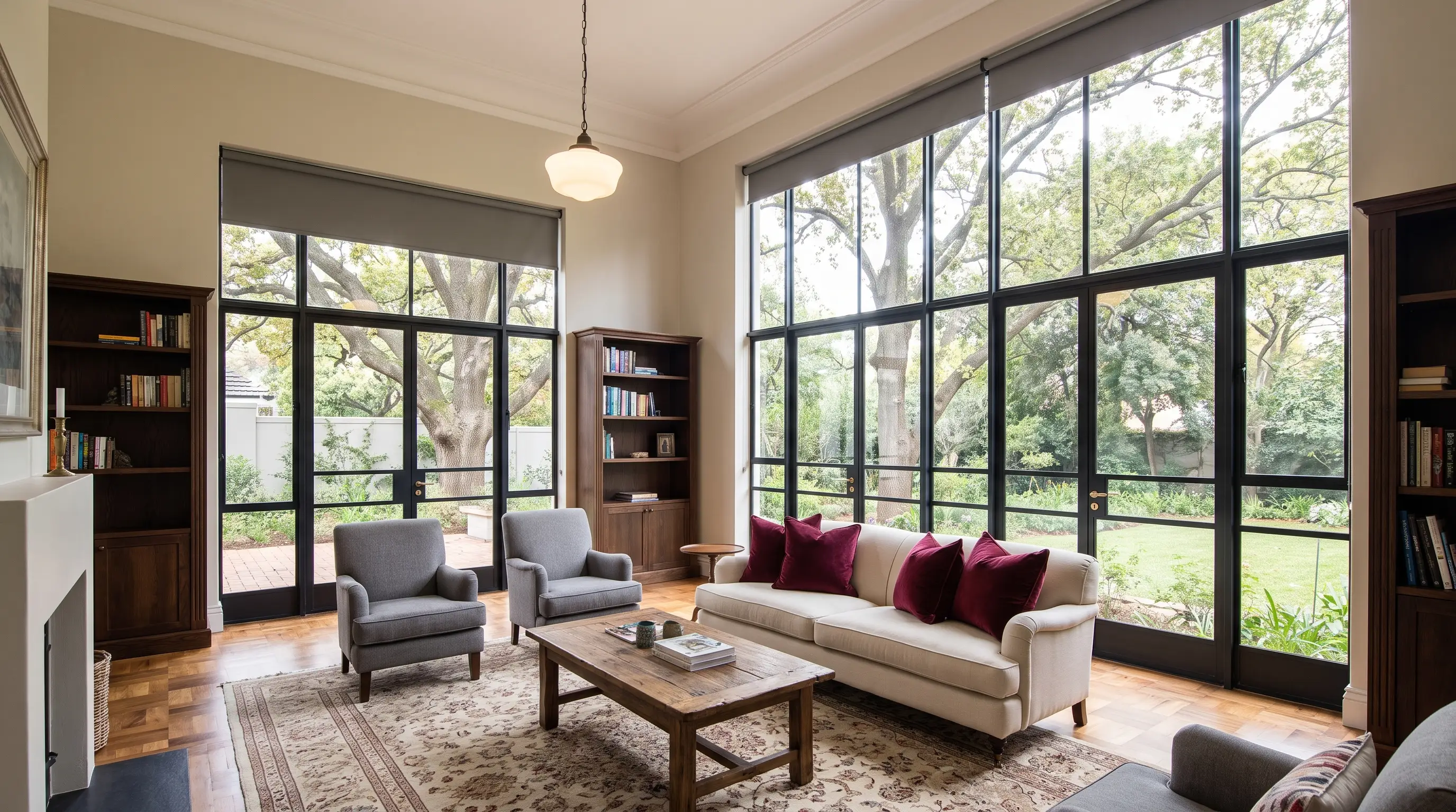 Renovated Dunkeld living room with grey roller blinds on tall steel-framed garden windows and wine-red velvet accents