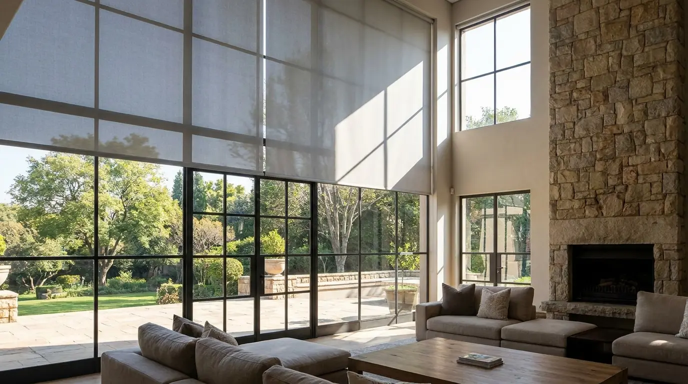 Double-volume living room with tall steel-framed glazing and a pale grey roller blind against strong north light in a Hyde Park mansion