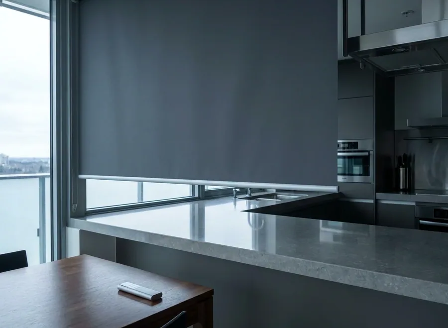 Motorised blockout roller blind on a wide sliding door in a Dunkeld garden room at dusk