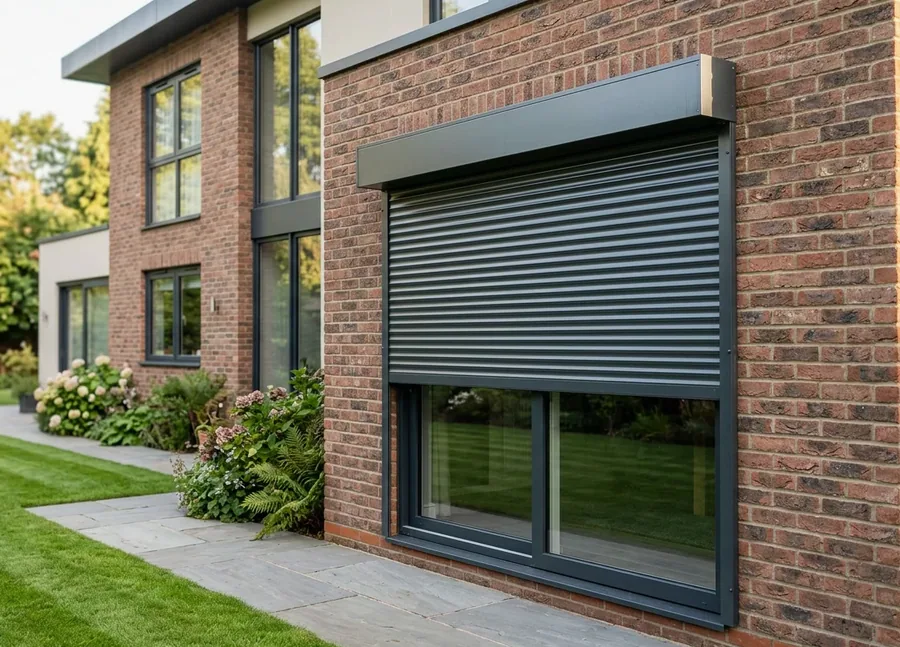 Aluminium roller shutter lowered over a rear window of a Dunkeld home at dusk