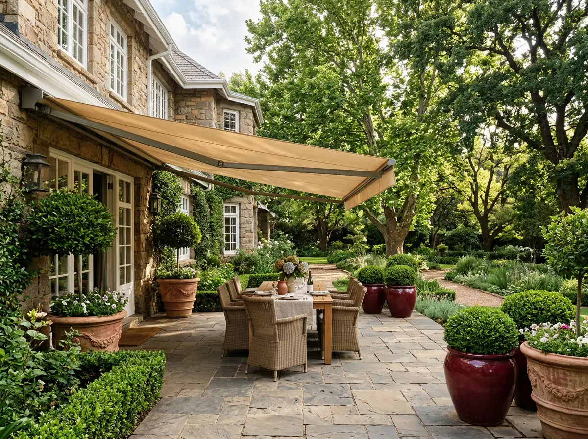 Shaded stone terrace beneath mature oak trees at a renovated Dunkeld heritage-manor home