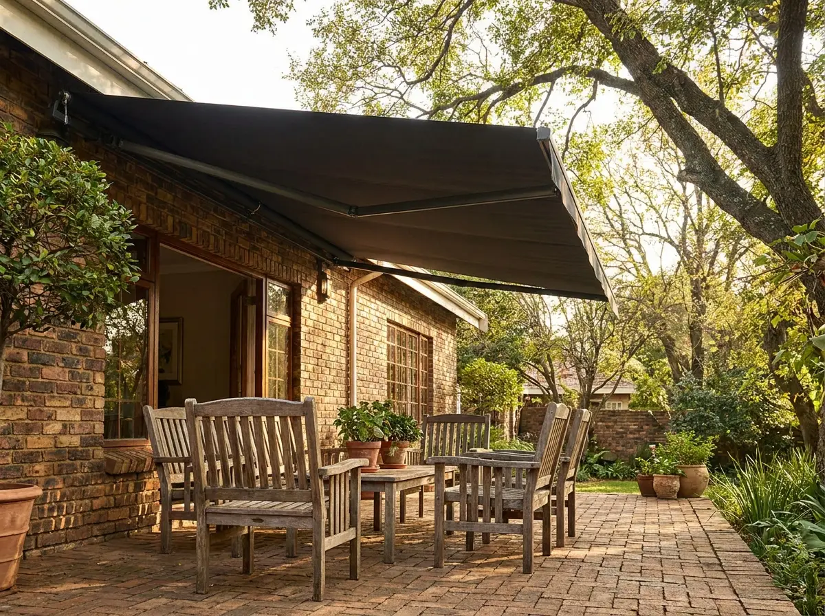 Retractable folding-arm awning shading a brick garden terrace with outdoor seating at an established Melrose home, dappled afternoon light