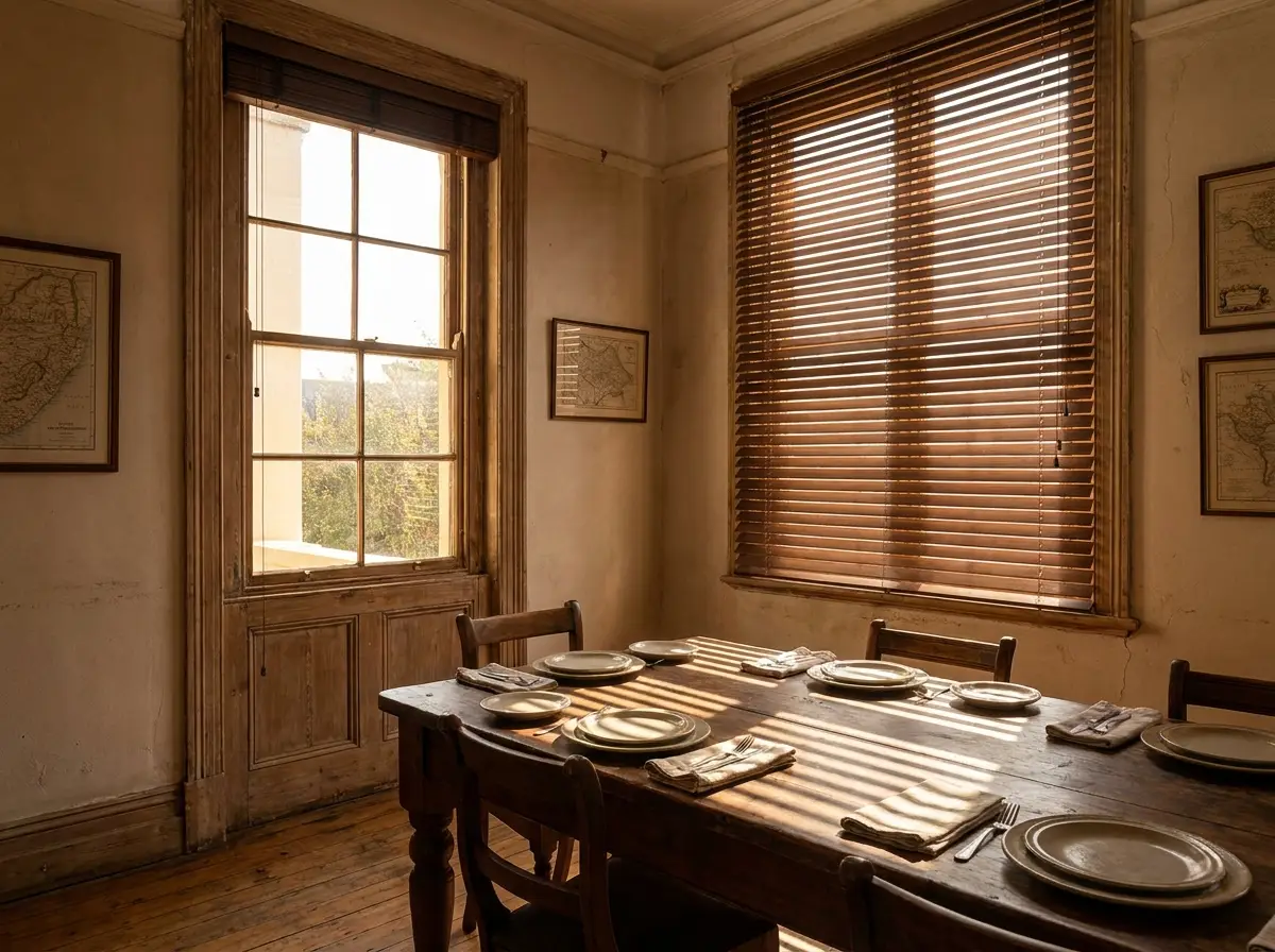 Timber venetian blinds with warm oak slats casting slatted shadow across a sunlit Dunkeld dining table