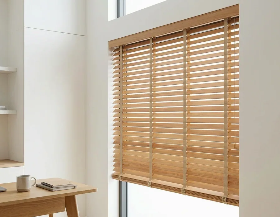 Timber venetian blinds with warm oak slats tilted to the morning light in a wood-panelled Dunkeld study, sash window behind